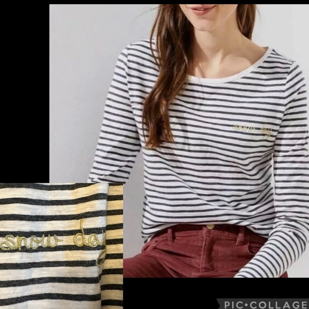 LOFT “Snow Day” embroidered long sleeve stripe tee